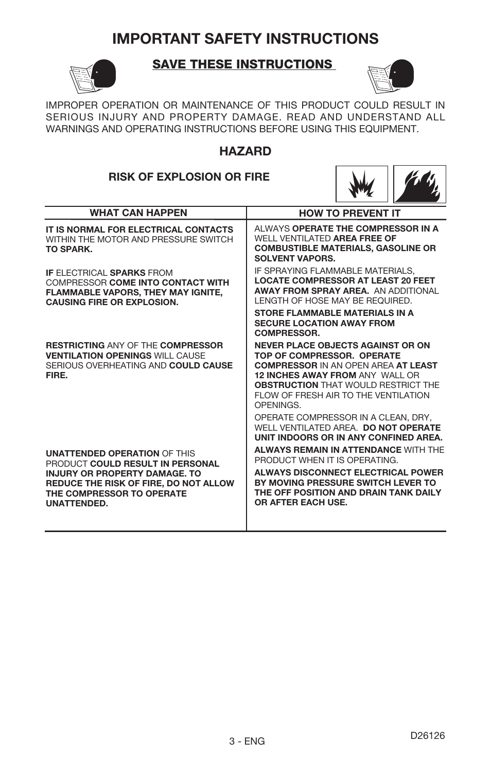 Important safety instructions, Save these instructions, Hazard | Porter-Cable D26126-024-0 User Manual | Page 3 / 18