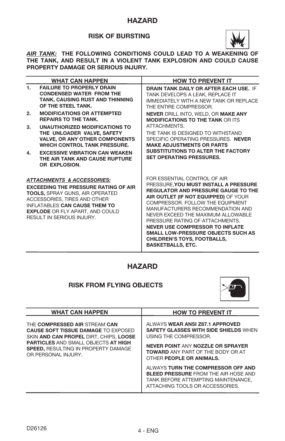 Hazard | Porter-Cable D26126-024-0 User Manual | Page 4 / 18