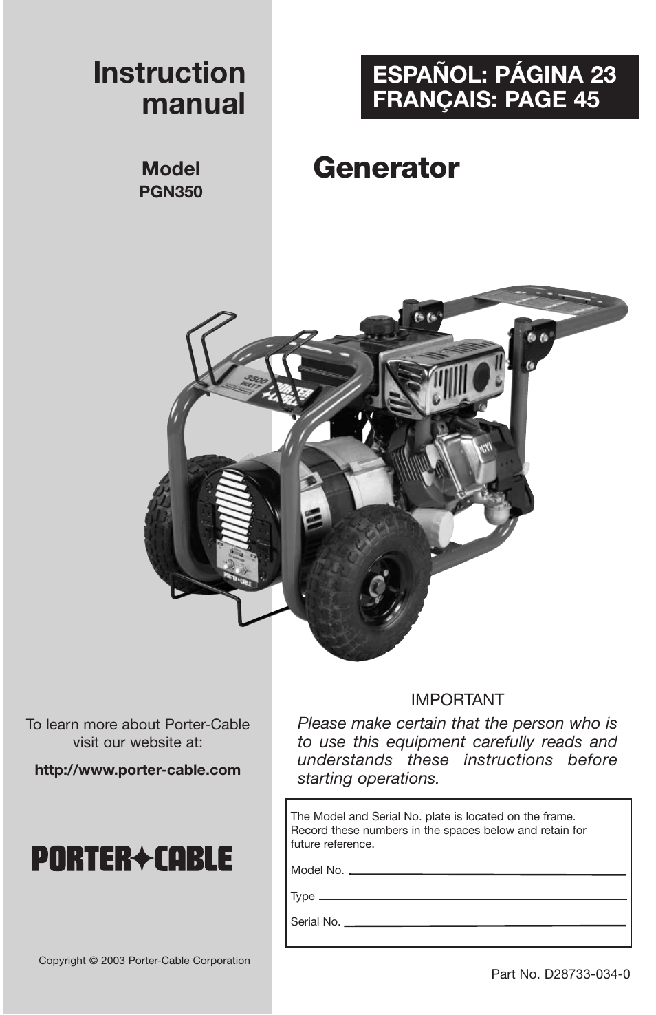 Porter-Cable PGN350 User Manual | 68 pages