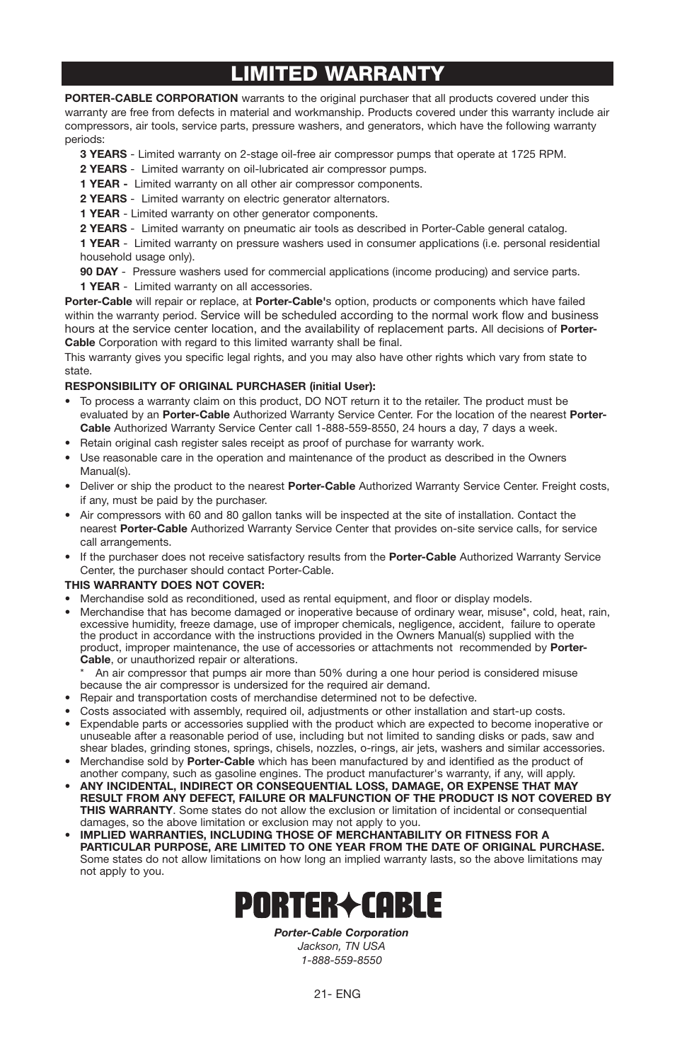 Limited warranty | Porter-Cable PGN350 User Manual | Page 21 / 68