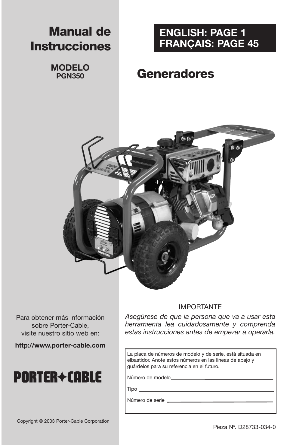 Manual de instrucciones, Generadores, English: page 1 français: page 45 | Modelo | Porter-Cable PGN350 User Manual | Page 23 / 68