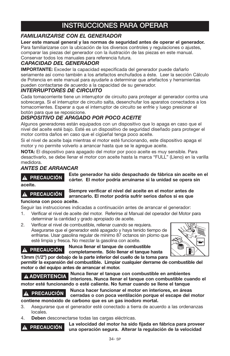 Instrucciones para operar | Porter-Cable PGN350 User Manual | Page 34 / 68