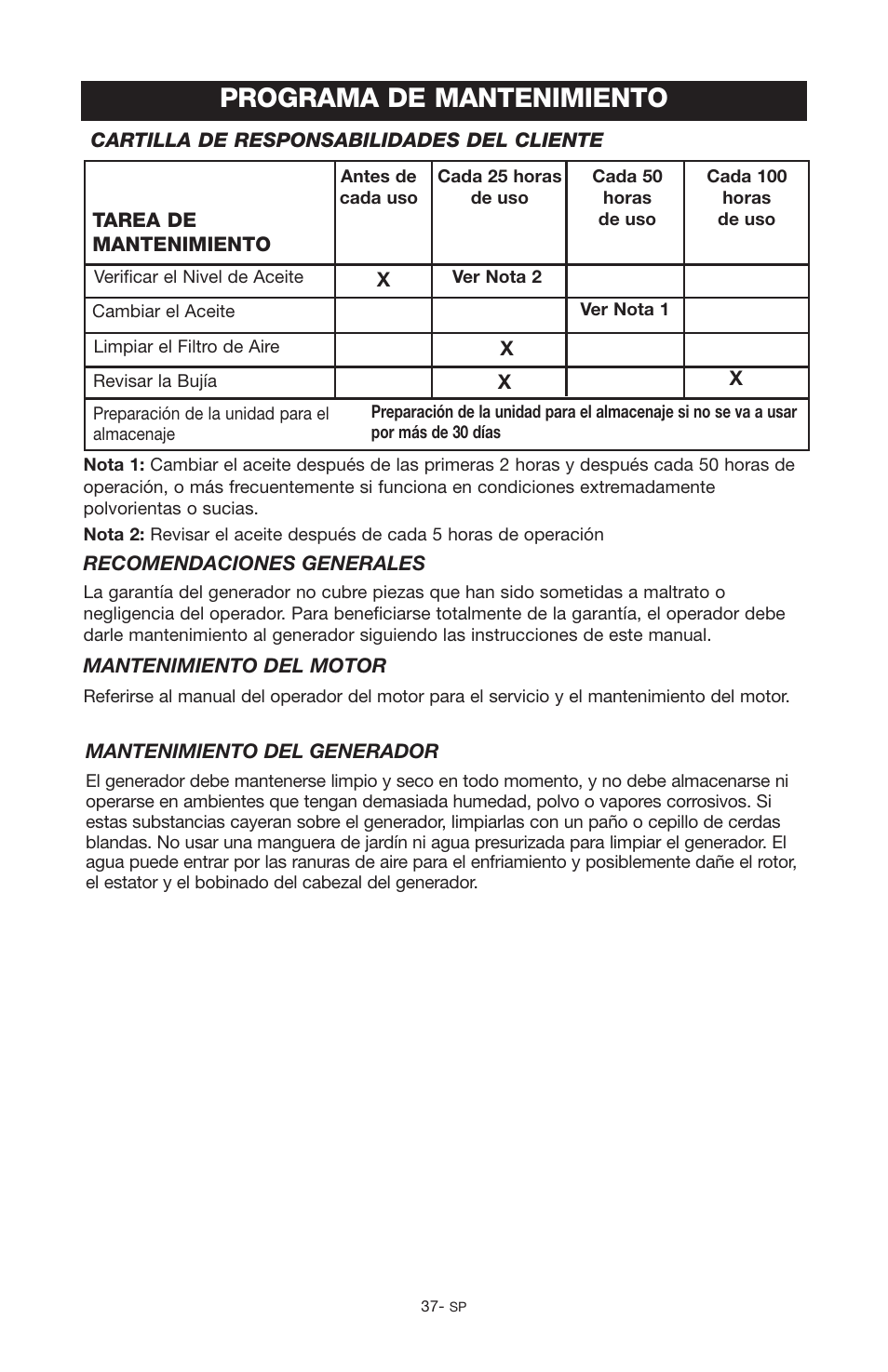 Programa de mantenimiento | Porter-Cable PGN350 User Manual | Page 37 / 68