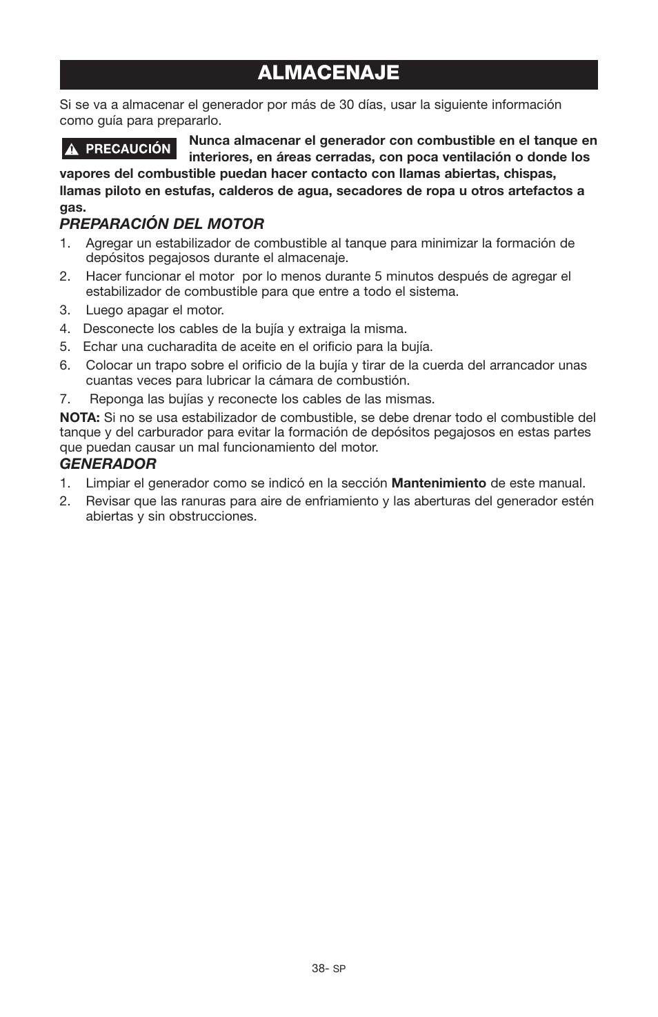 Almacenaje | Porter-Cable PGN350 User Manual | Page 38 / 68