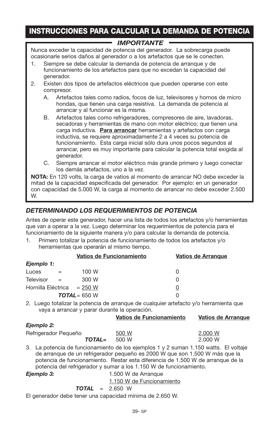 Instrucciones para calcular la demanda de potencia | Porter-Cable PGN350 User Manual | Page 39 / 68