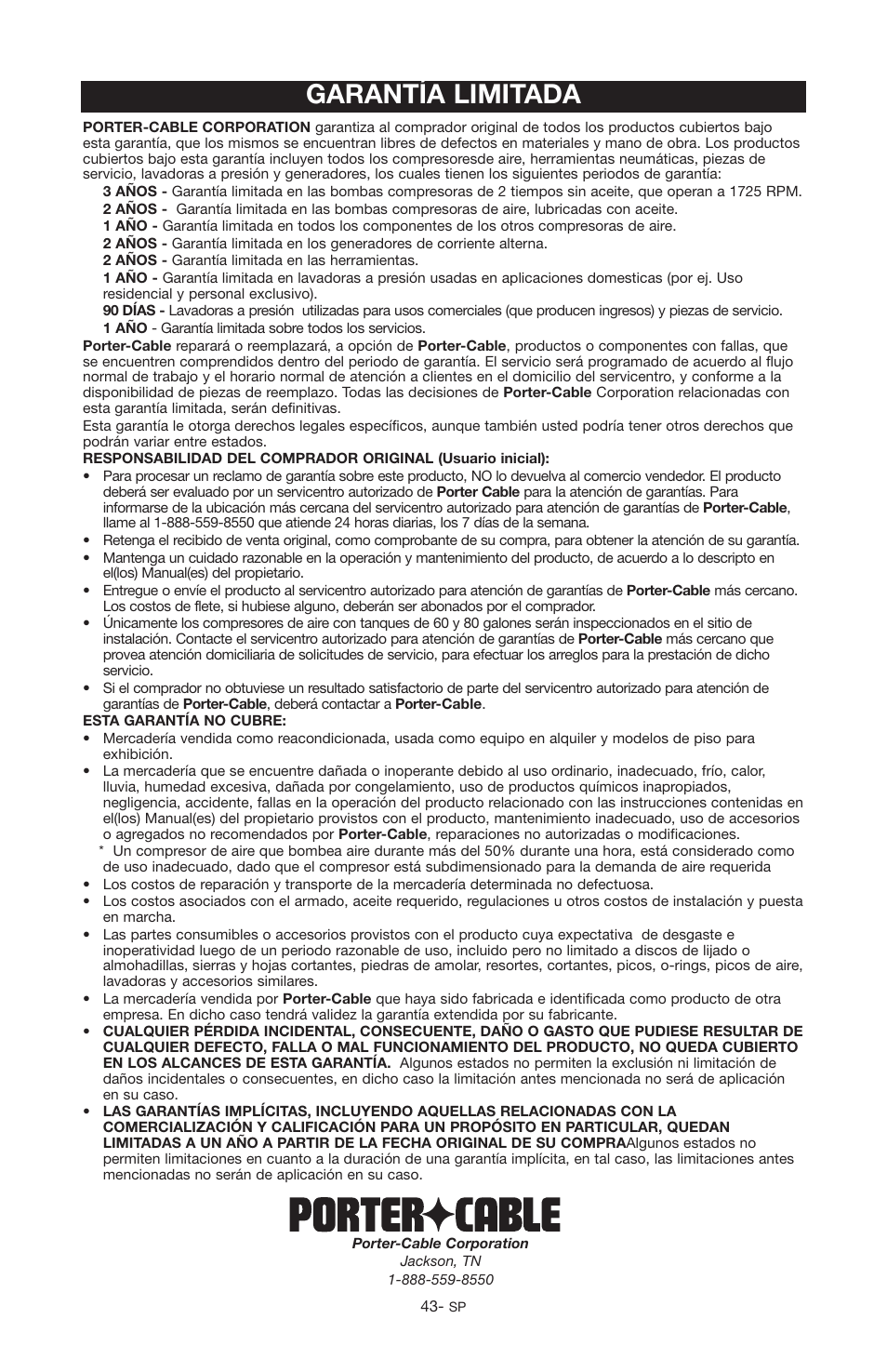 Garantía limitada | Porter-Cable PGN350 User Manual | Page 43 / 68