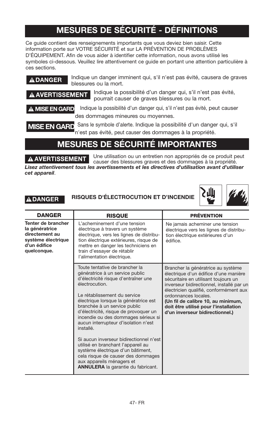 Mesures de sécurité - définitions, Mesures de sécurité importantes, Mise en gard | Porter-Cable PGN350 User Manual | Page 47 / 68