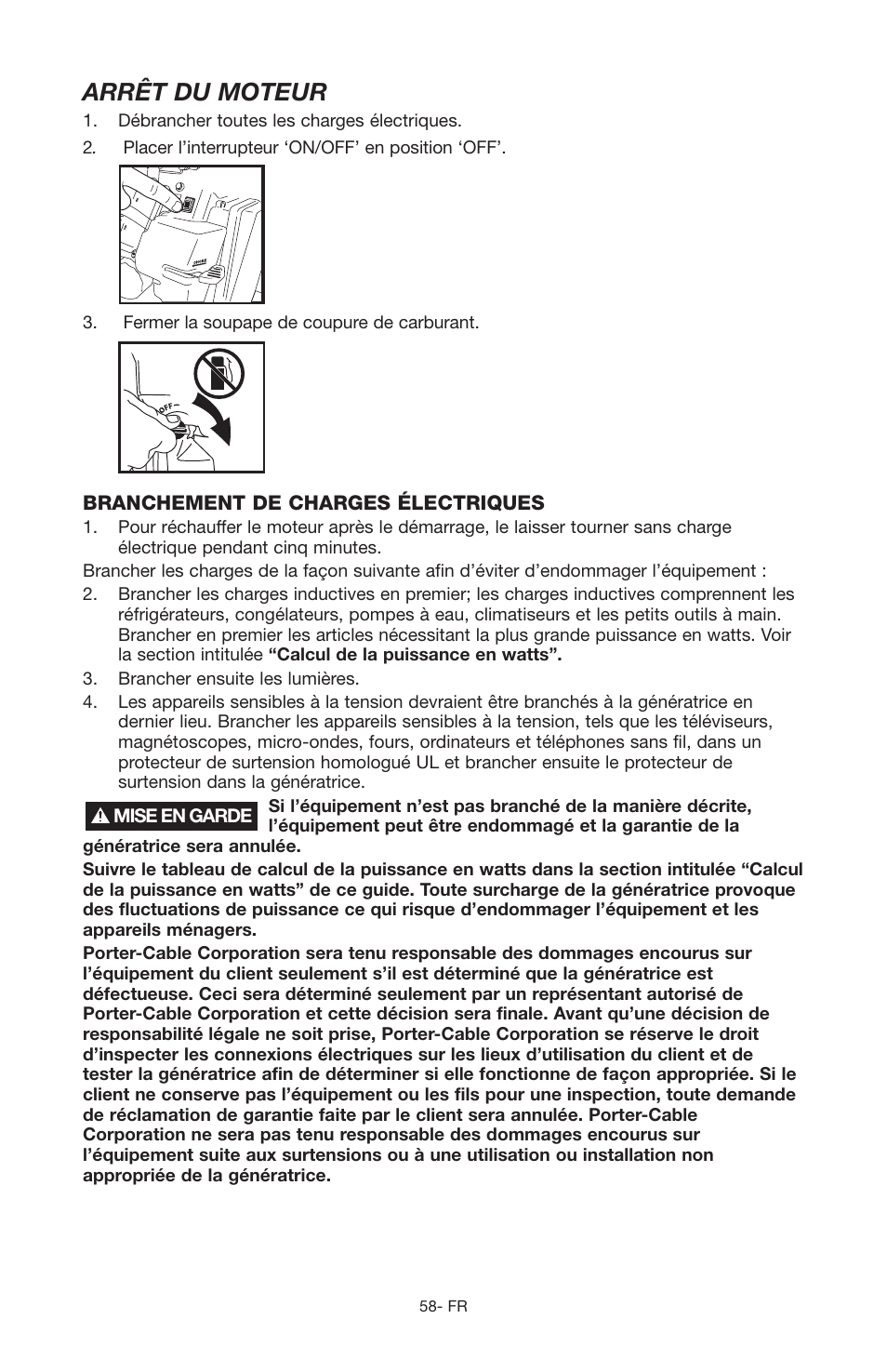 Arrêt du moteur | Porter-Cable PGN350 User Manual | Page 58 / 68
