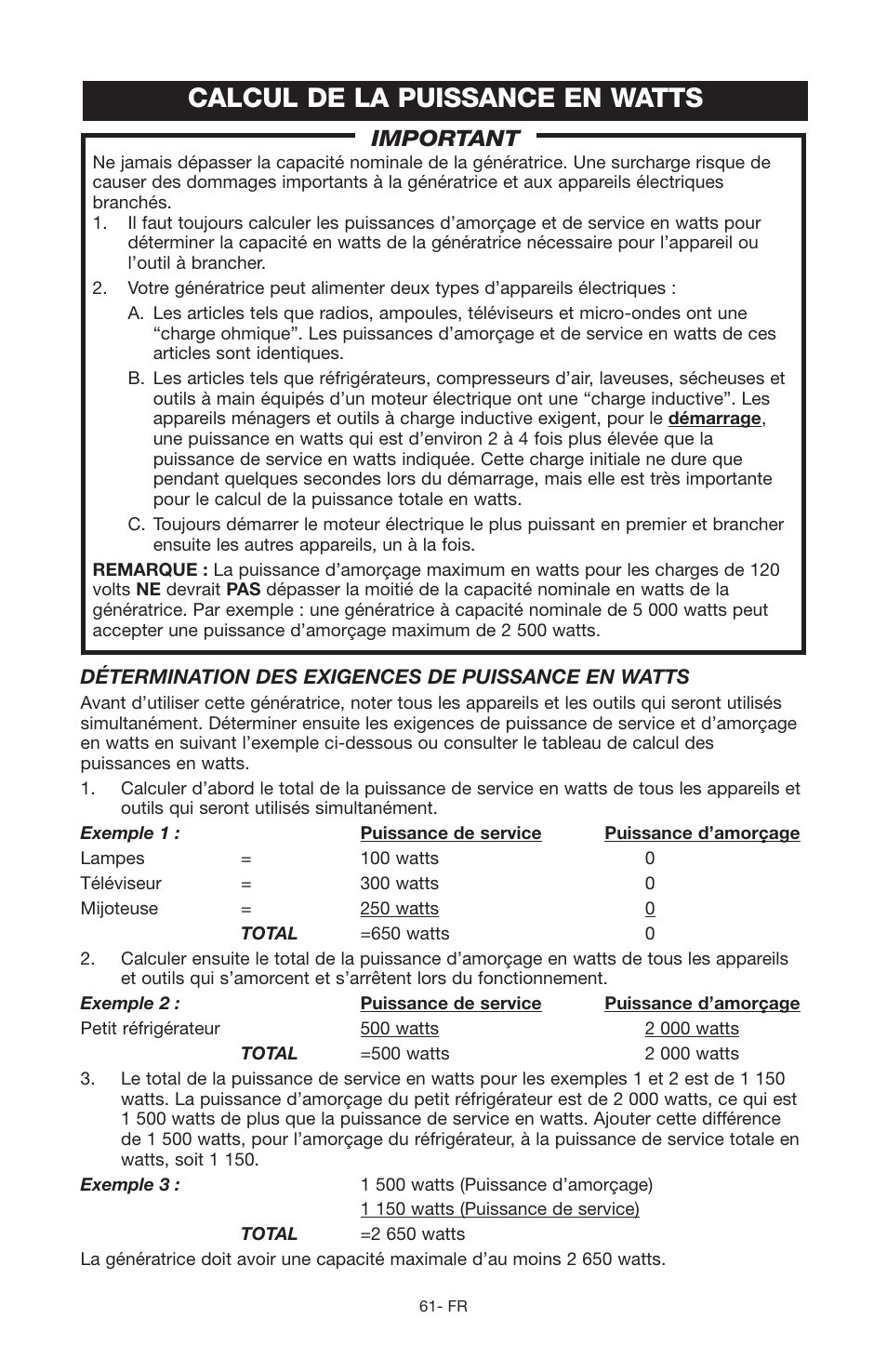 Calcul de la puissance en watts, Important | Porter-Cable PGN350 User Manual | Page 61 / 68