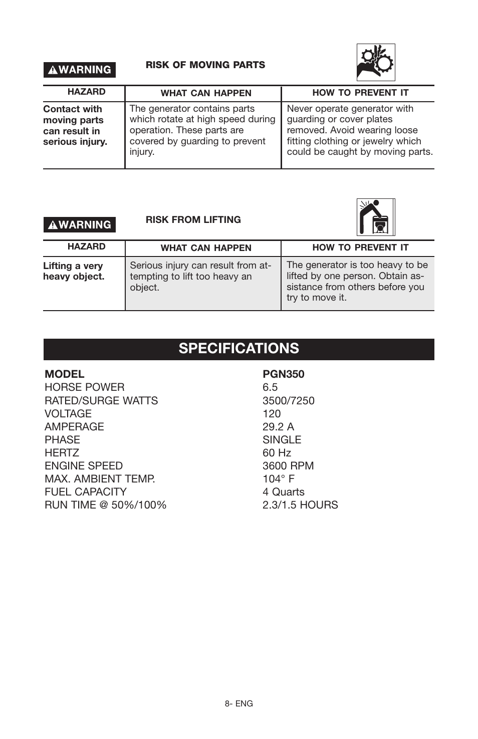 Specifications | Porter-Cable PGN350 User Manual | Page 8 / 68