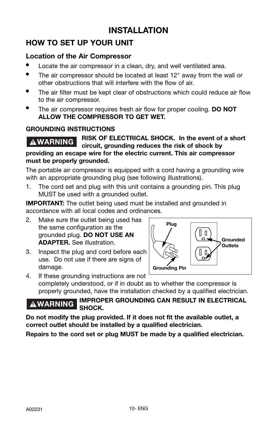 Installation, How to set up your unit, Location of the air compressor | Porter-Cable CPLDC2540P User Manual | Page 10 / 24