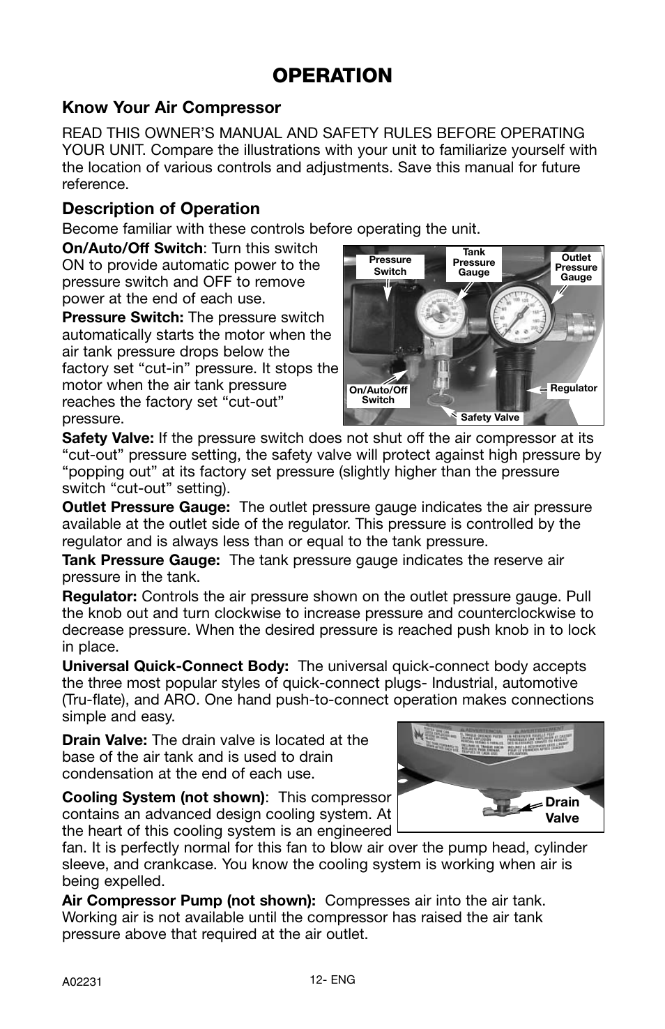 Operation, Know your air compressor, Description of operation | Porter-Cable CPLDC2540P User Manual | Page 12 / 24