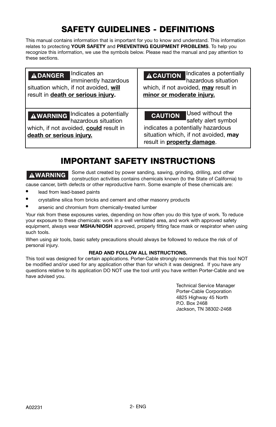 Safety guidelines - definitions, Important safety instructions | Porter-Cable CPLDC2540P User Manual | Page 2 / 24