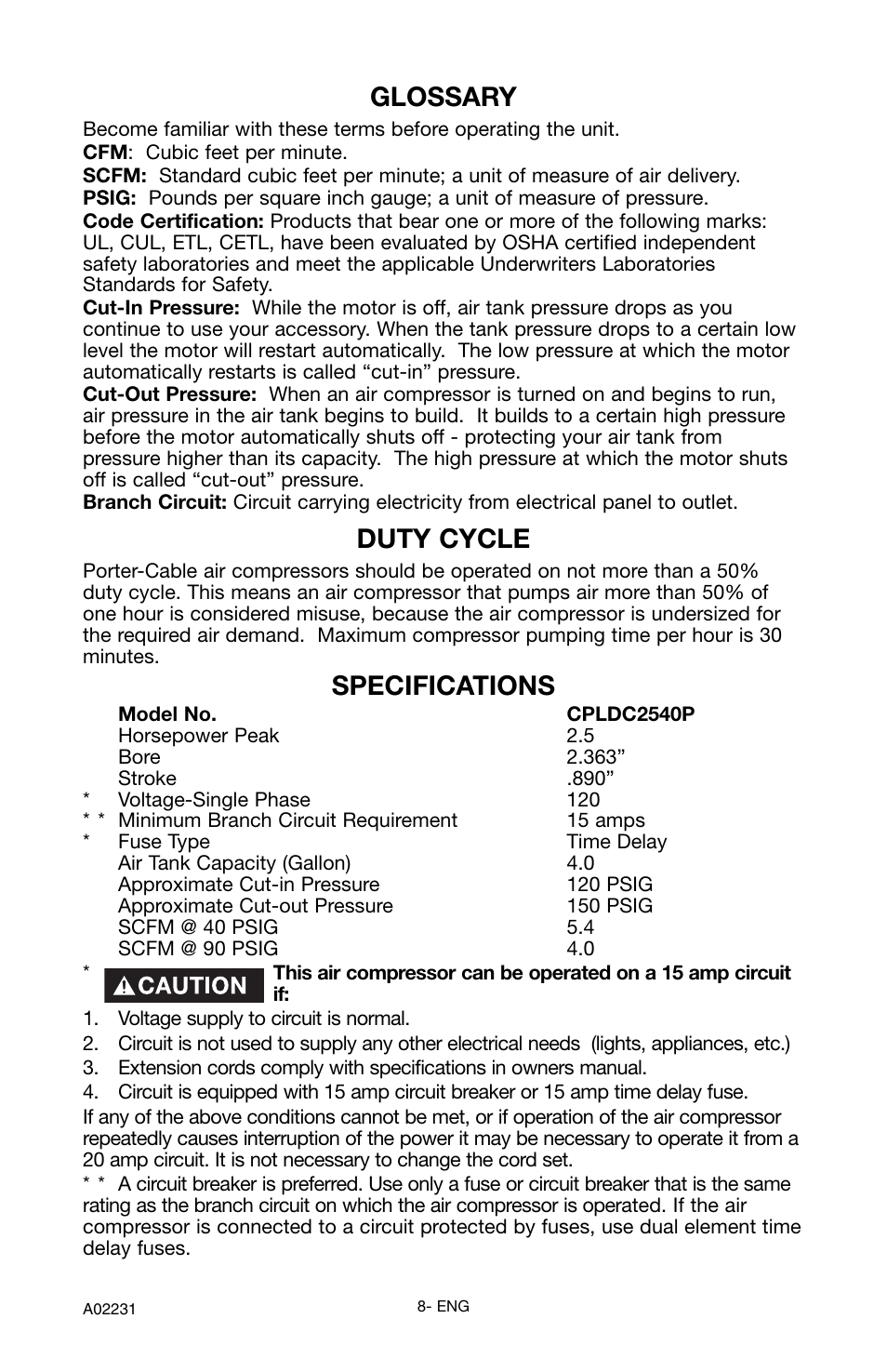 Glossary, Duty cycle, Specifications | Porter-Cable CPLDC2540P User Manual | Page 8 / 24