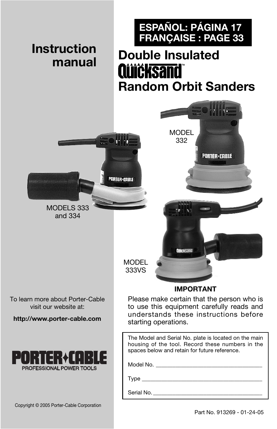 Porter-Cable QUICKSAND 332 User Manual | 17 pages