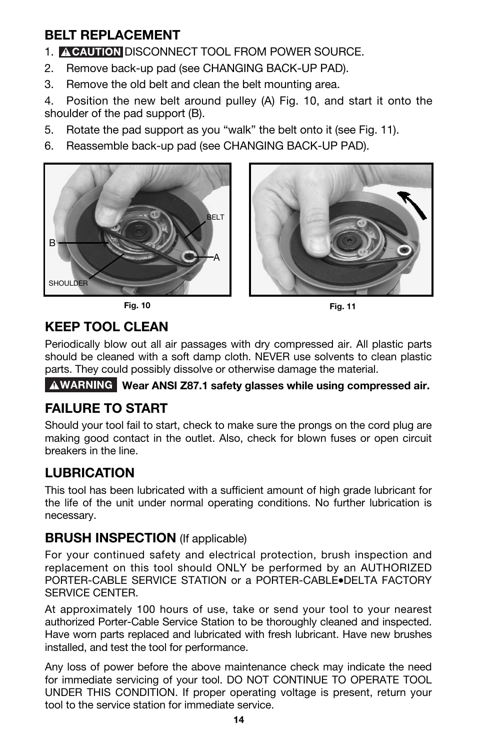 Belt replacement, Keep tool clean, Failure to start | Lubrication, Brush inspection | Porter-Cable QUICKSAND 332 User Manual | Page 14 / 17