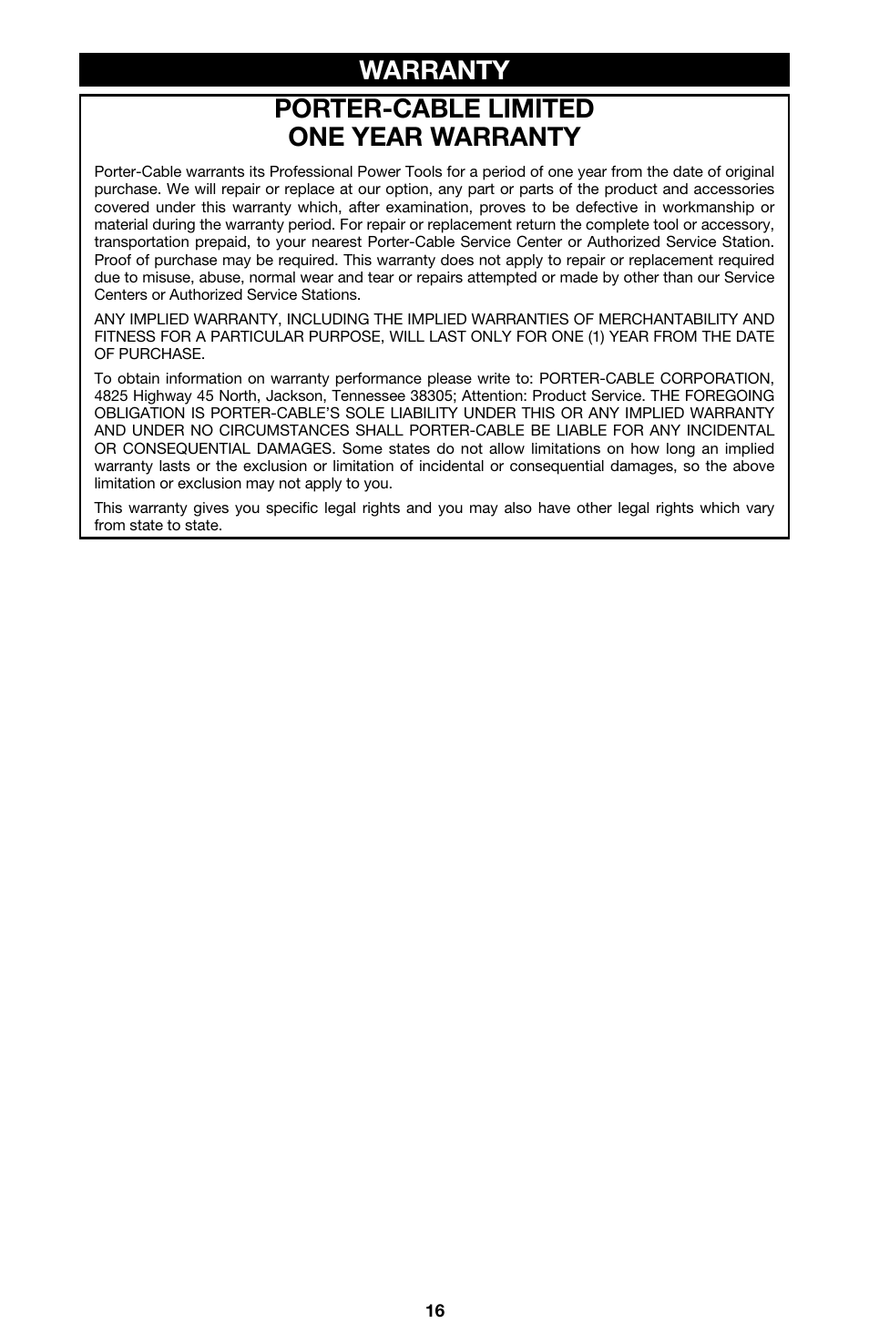 Porter-cable limited one year warranty, Warranty | Porter-Cable QUICKSAND 332 User Manual | Page 16 / 17