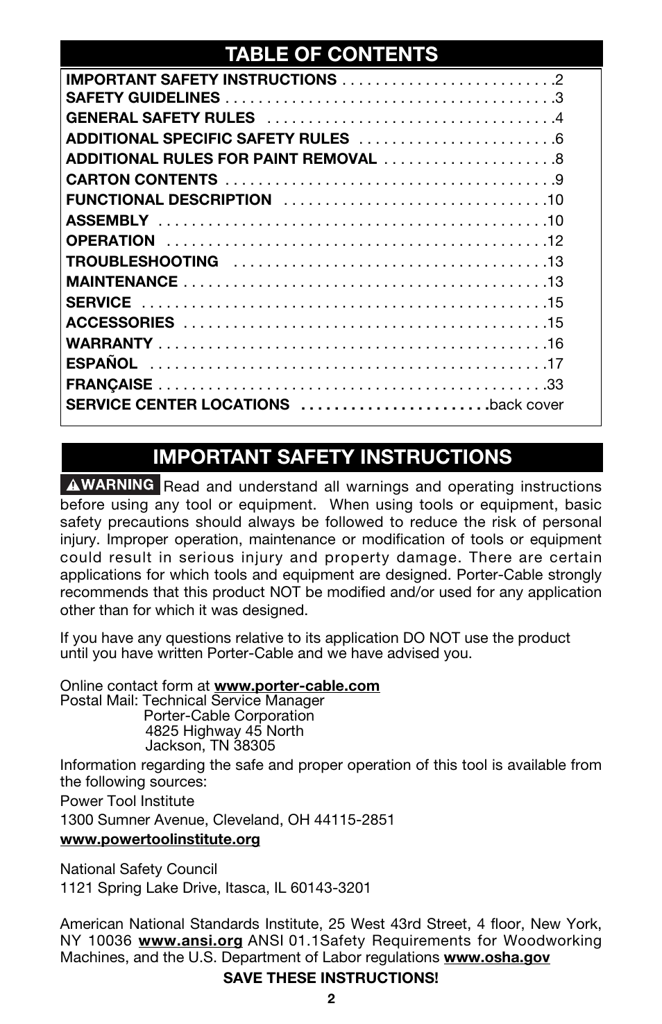 Table of contents important safety instructions | Porter-Cable QUICKSAND 332 User Manual | Page 2 / 17