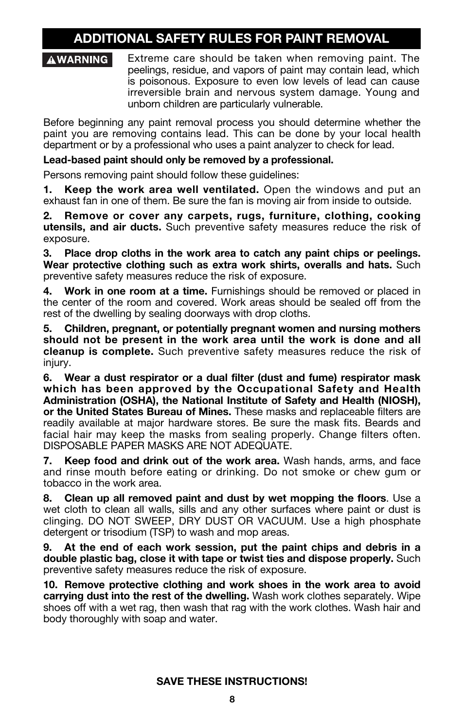 Additional safety rules for paint removal | Porter-Cable QUICKSAND 332 User Manual | Page 8 / 17