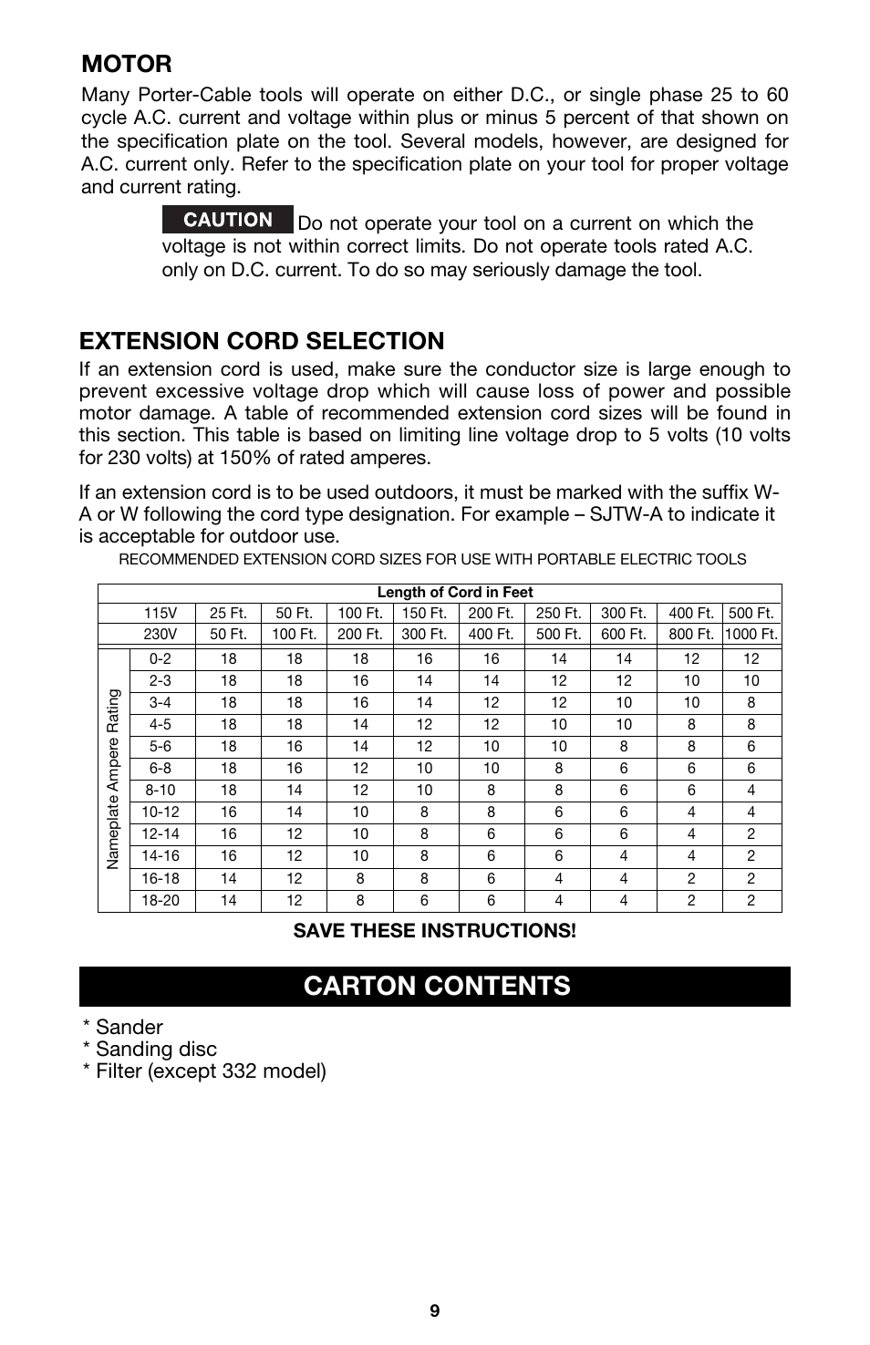 Carton contents, Extension cord selection, Motor | Sander * sanding disc * filter (except 332 model) | Porter-Cable QUICKSAND 332 User Manual | Page 9 / 17