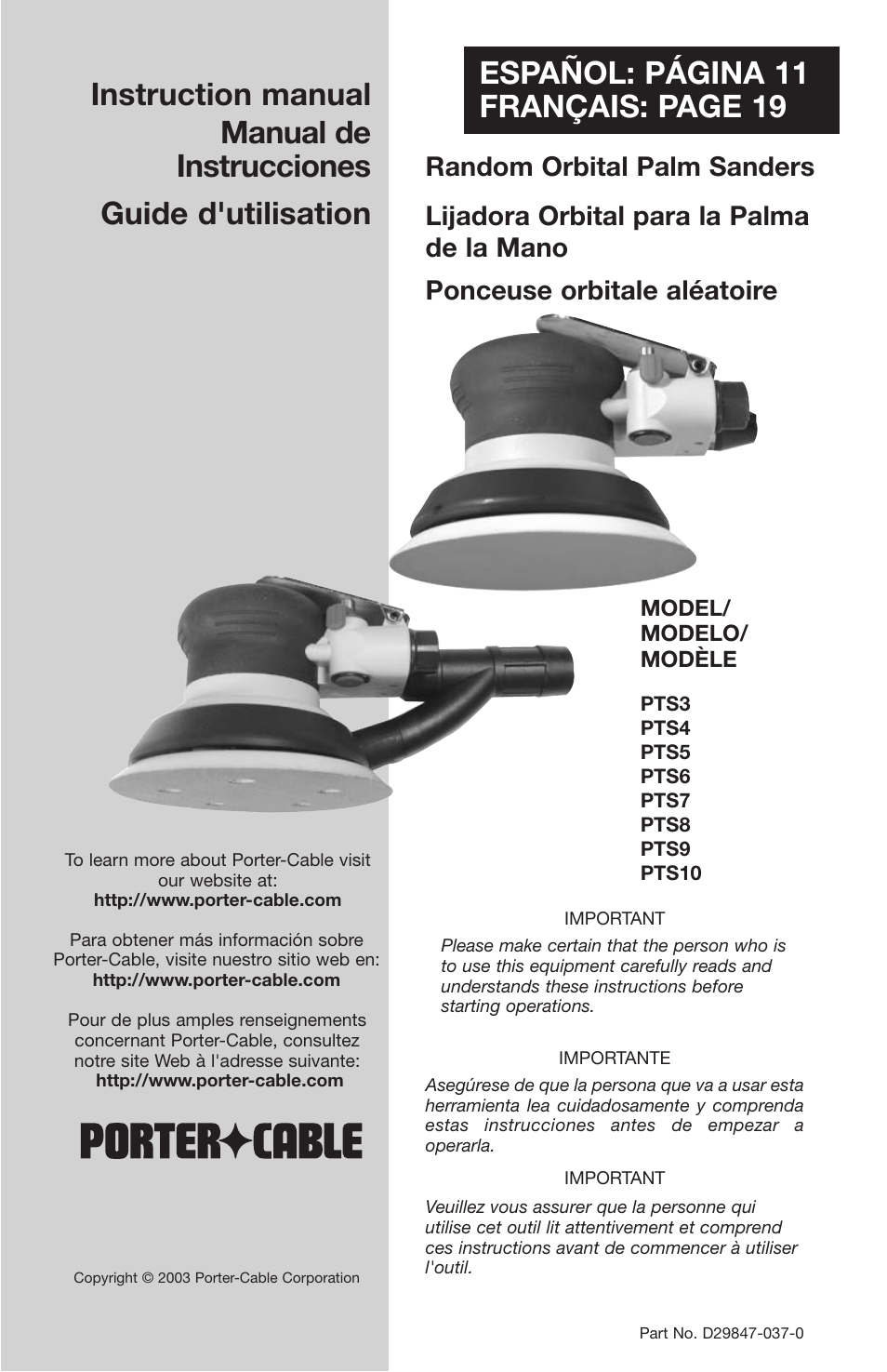 Porter-Cable PTS9 User Manual | 10 pages