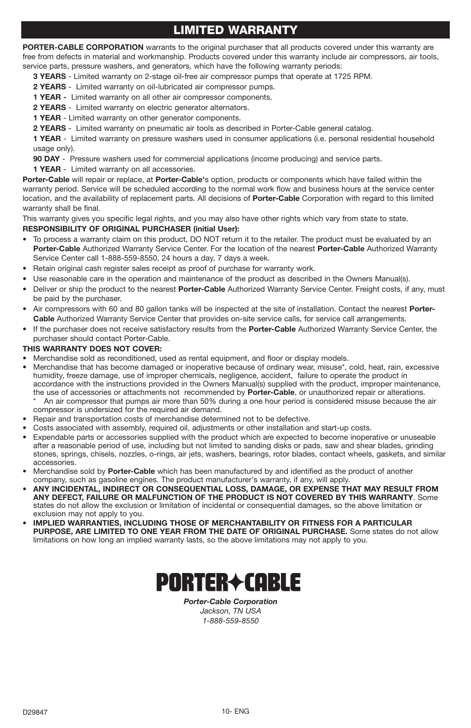 Limited warranty | Porter-Cable PTS9 User Manual | Page 10 / 10