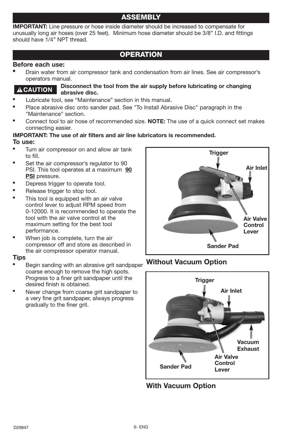 Assembly, Operation, Without vacuum option with vacuum option | Before each use, Tips | Porter-Cable PTS9 User Manual | Page 6 / 10