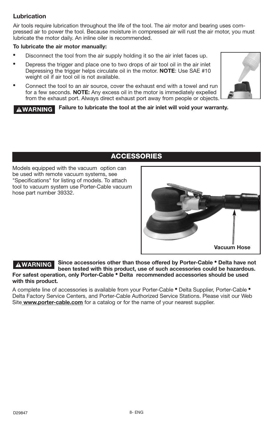 Accessories, Lubrication | Porter-Cable PTS9 User Manual | Page 8 / 10