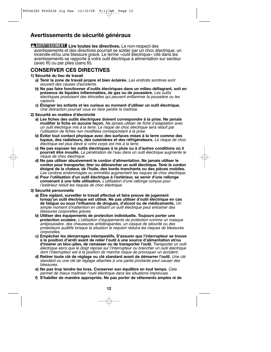 Avertissements de sécurité généraux, Conserver ces directives | Porter-Cable 90546382 User Manual | Page 12 / 32