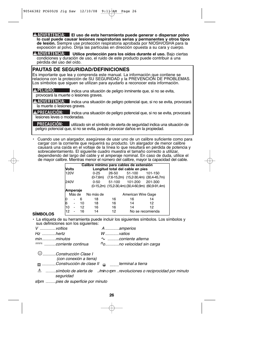 Pautas de seguridad/definiciones | Porter-Cable 90546382 User Manual | Page 26 / 32