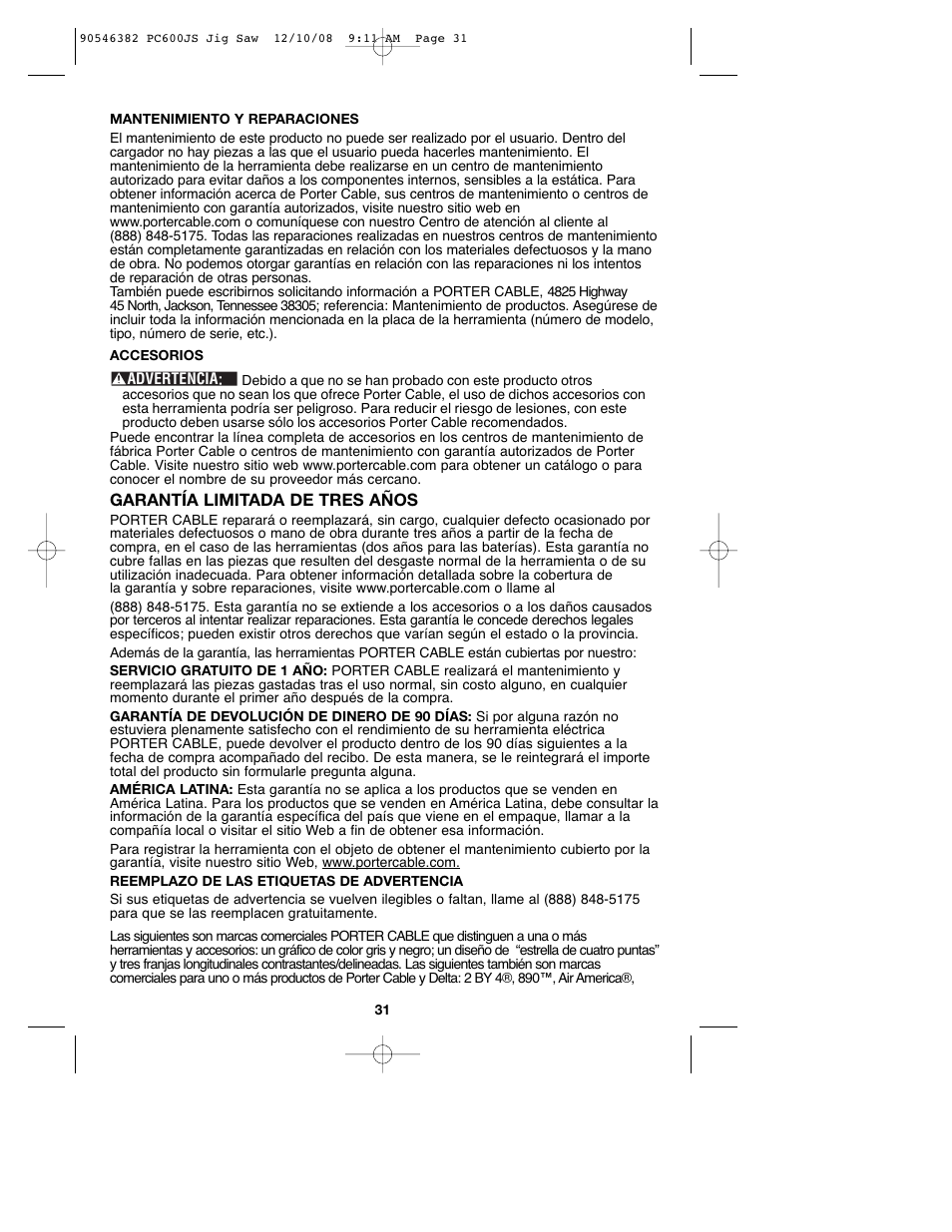 Porter-Cable 90546382 User Manual | Page 31 / 32