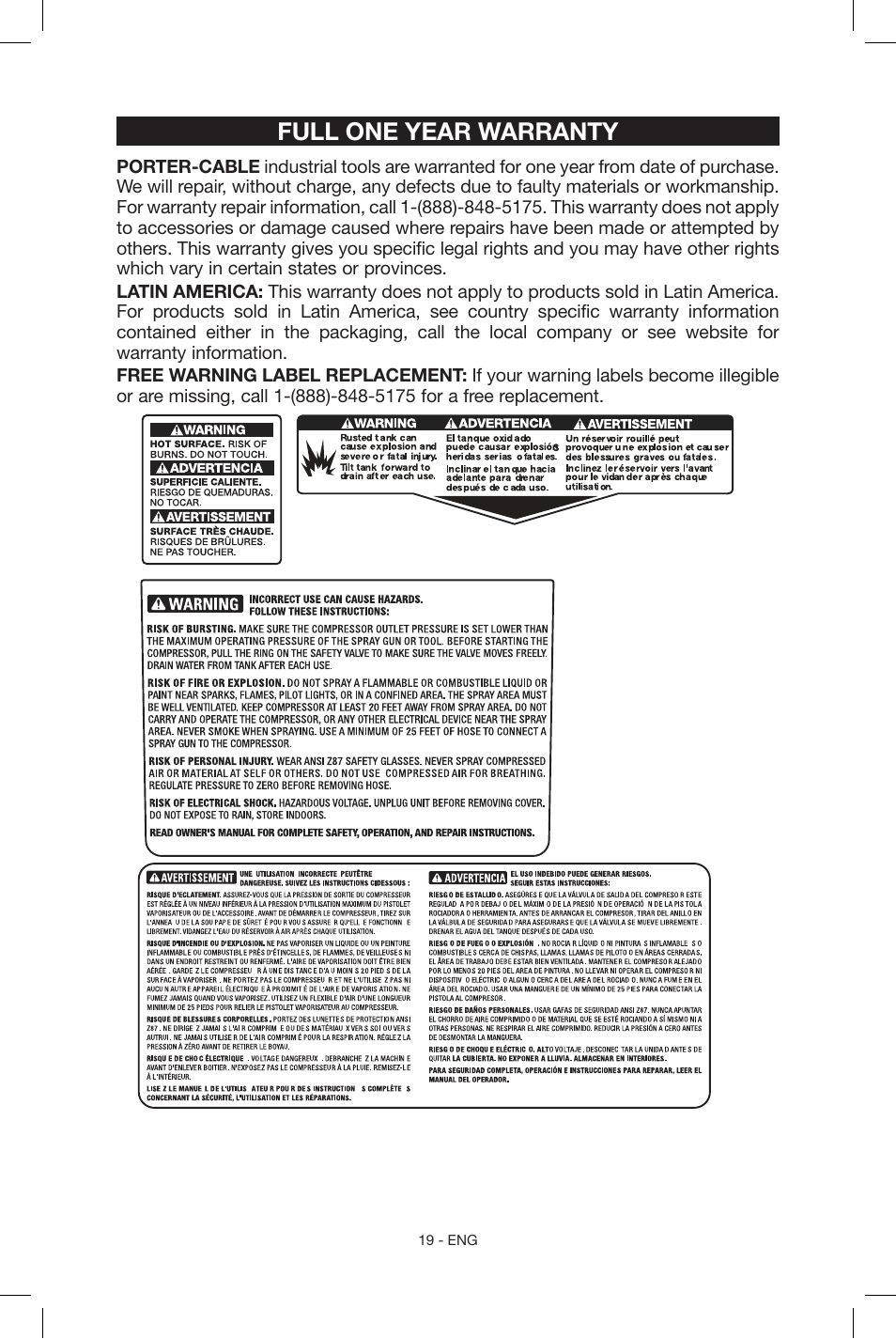 Full one year warranty | Porter-Cable N039112 User Manual | Page 19 / 64