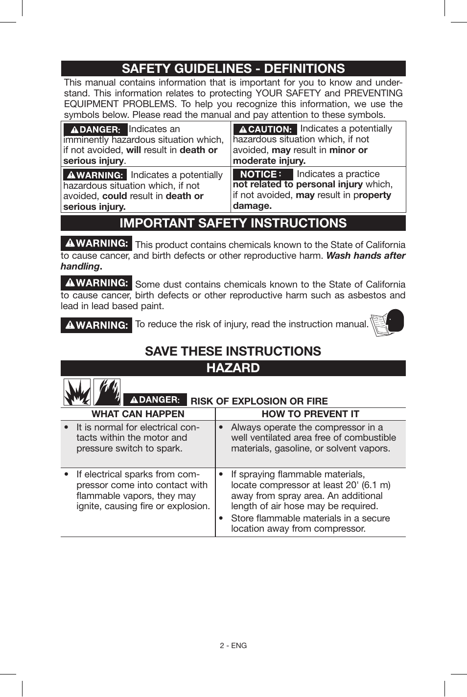 Safety guidelines - definitions, Important safety instructions, Save these instructions hazard | Porter-Cable N039112 User Manual | Page 2 / 64