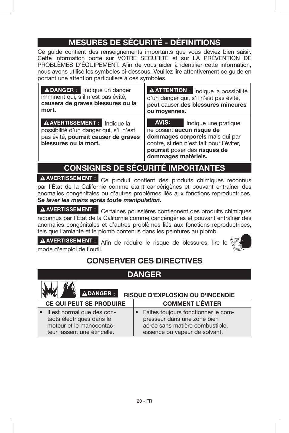 Mesures de sécurité - définitions, Consignes de sécurité importantes, Conserver ces directives danger | Porter-Cable N039112 User Manual | Page 20 / 64