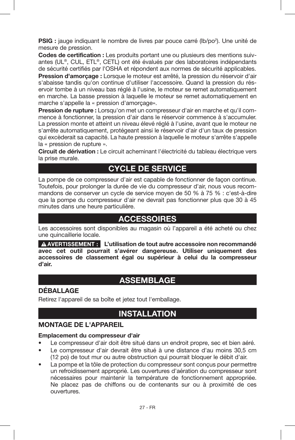 Cycle de service, Accessoires, Assemblage | Installation | Porter-Cable N039112 User Manual | Page 27 / 64