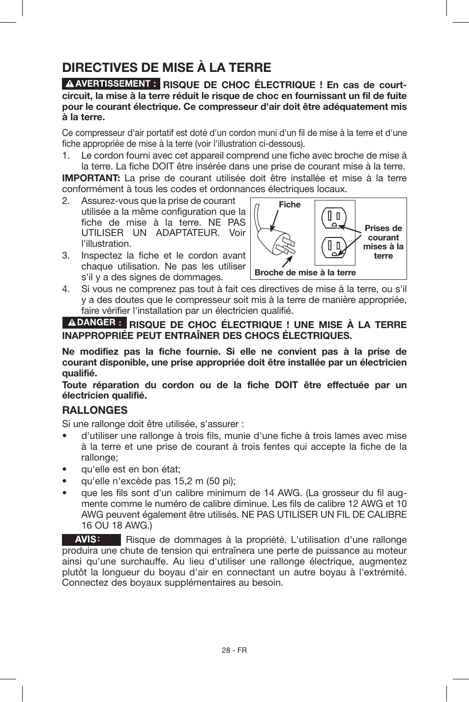 Directives de mise à la terre | Porter-Cable N039112 User Manual | Page 28 / 64