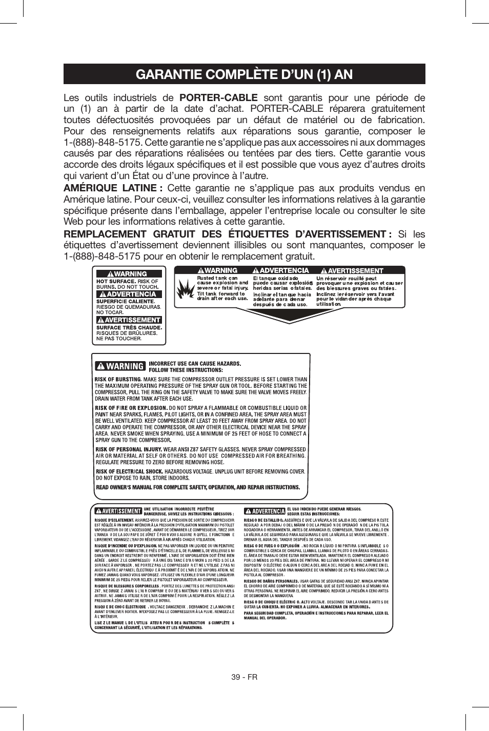 Garantie complète d’un (1) an | Porter-Cable N039112 User Manual | Page 39 / 64