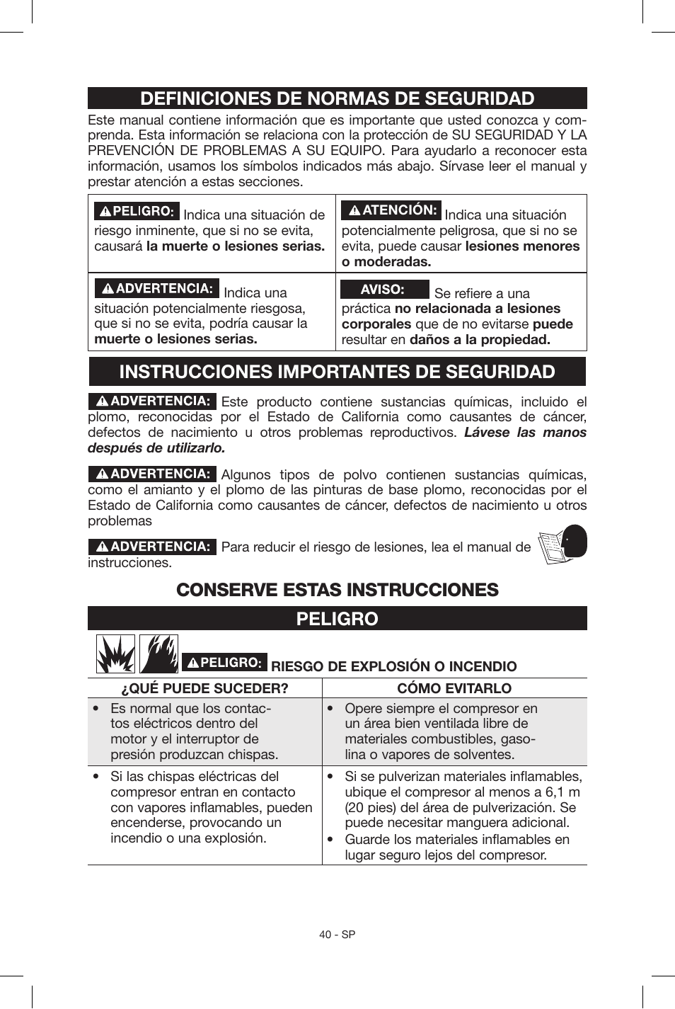 Definiciones de normas de seguridad, Instrucciones importantes de seguridad, Conserve estas instrucciones peligro | Porter-Cable N039112 User Manual | Page 40 / 64