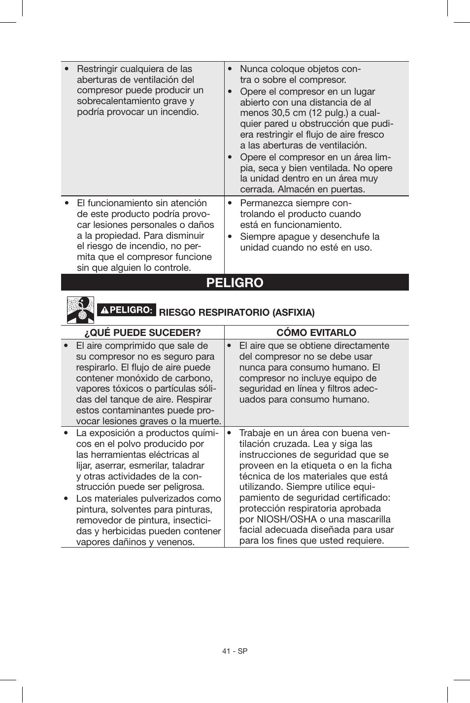 Peligro | Porter-Cable N039112 User Manual | Page 41 / 64