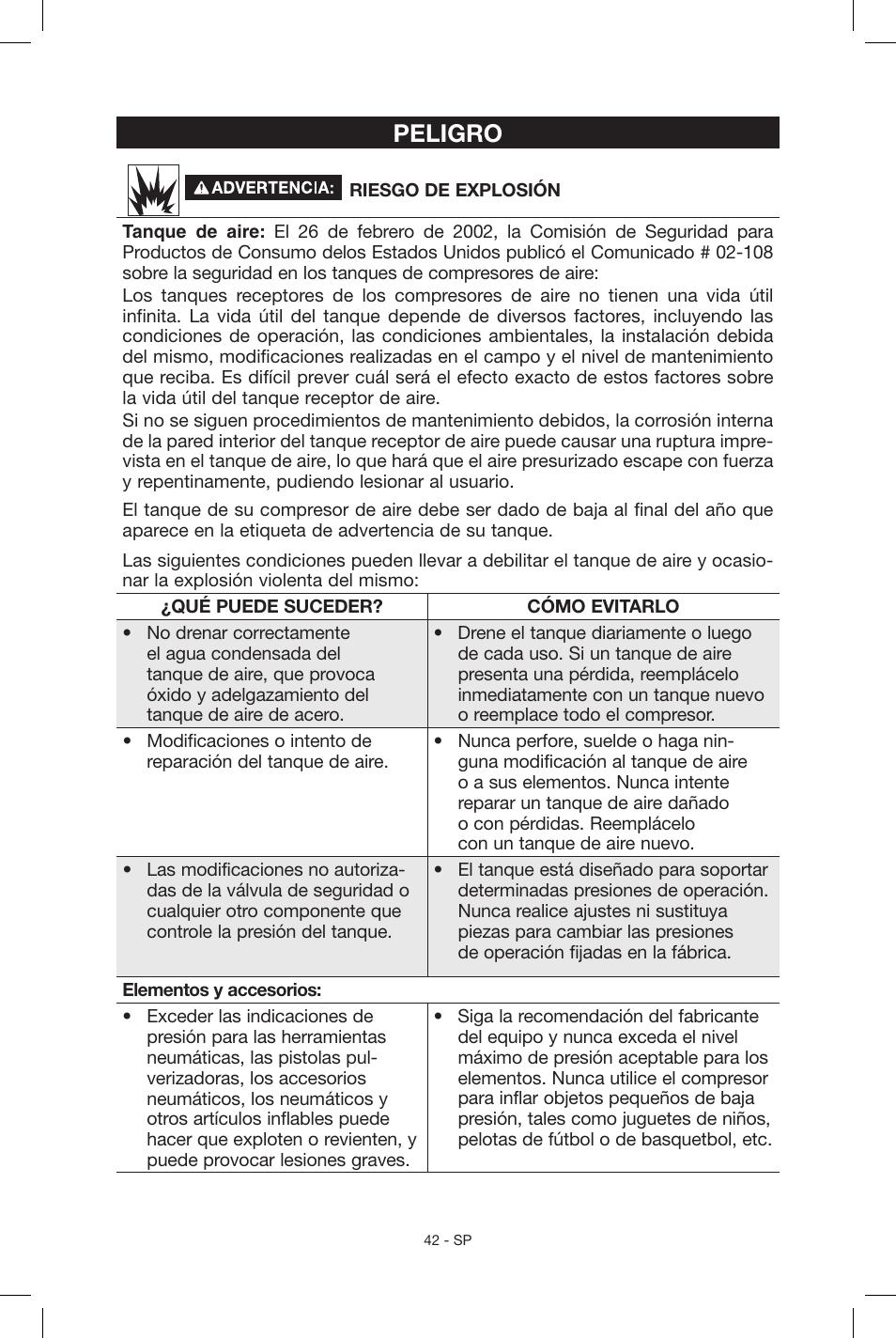 Peligro | Porter-Cable N039112 User Manual | Page 42 / 64