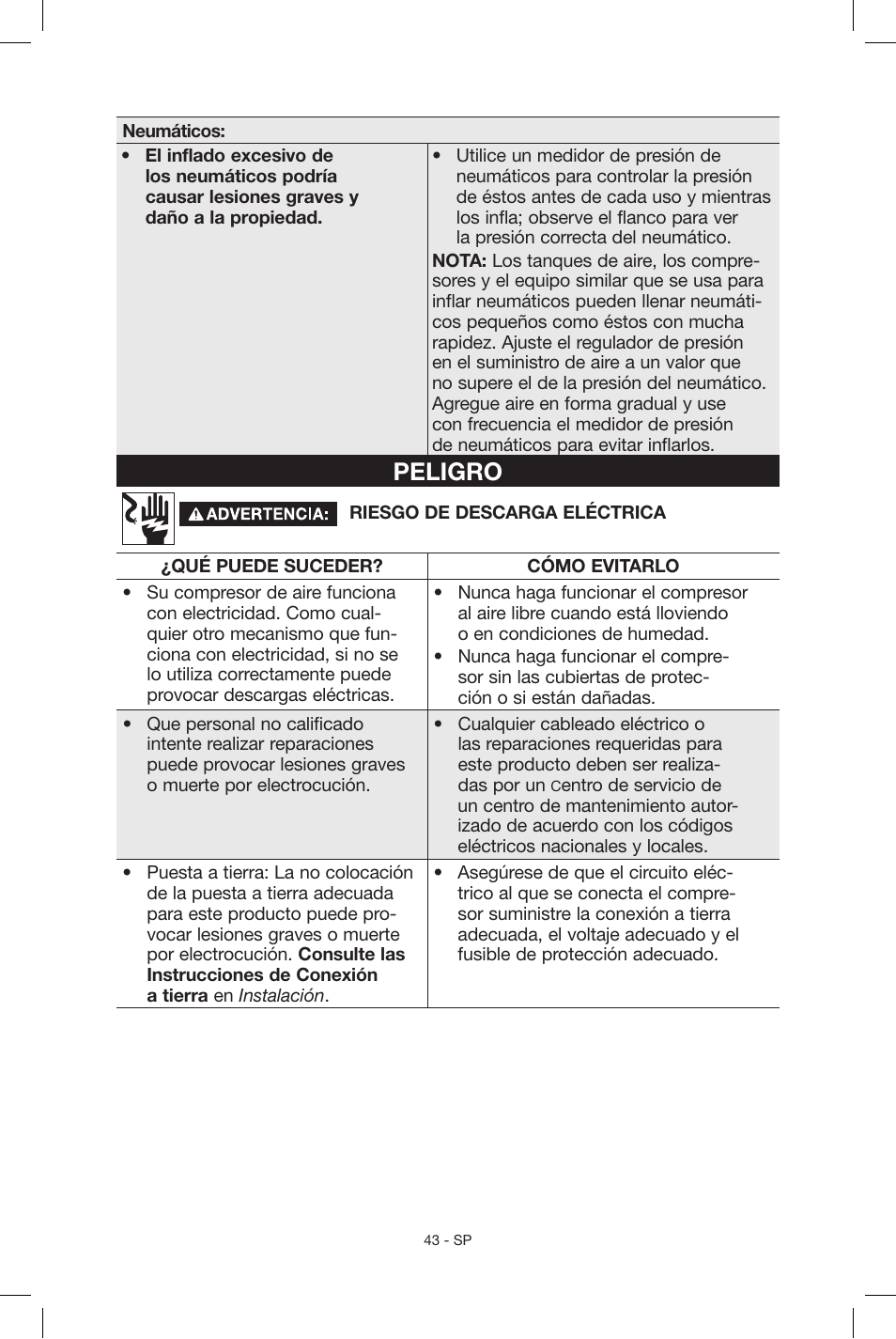 Peligro | Porter-Cable N039112 User Manual | Page 43 / 64