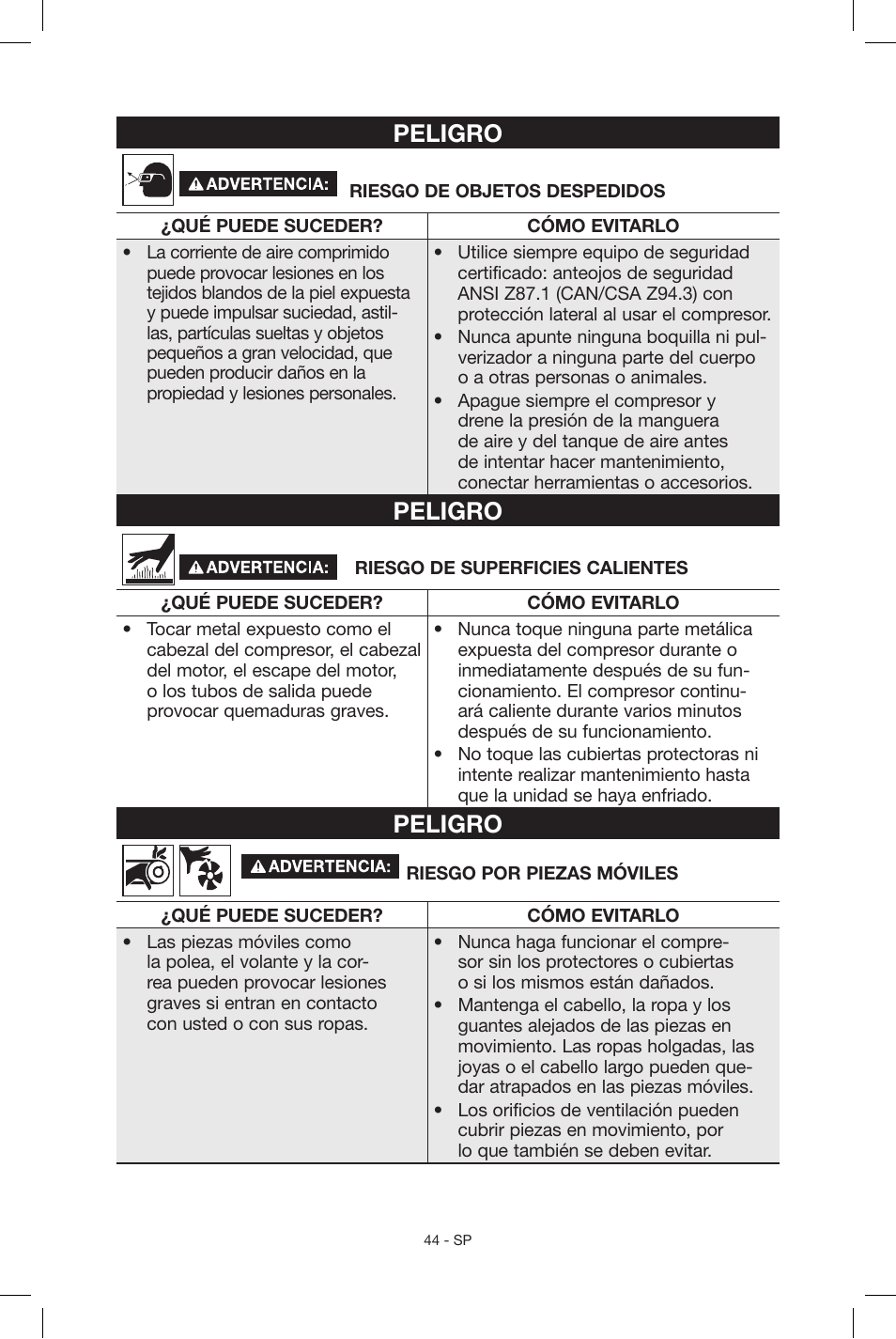 Peligro | Porter-Cable N039112 User Manual | Page 44 / 64