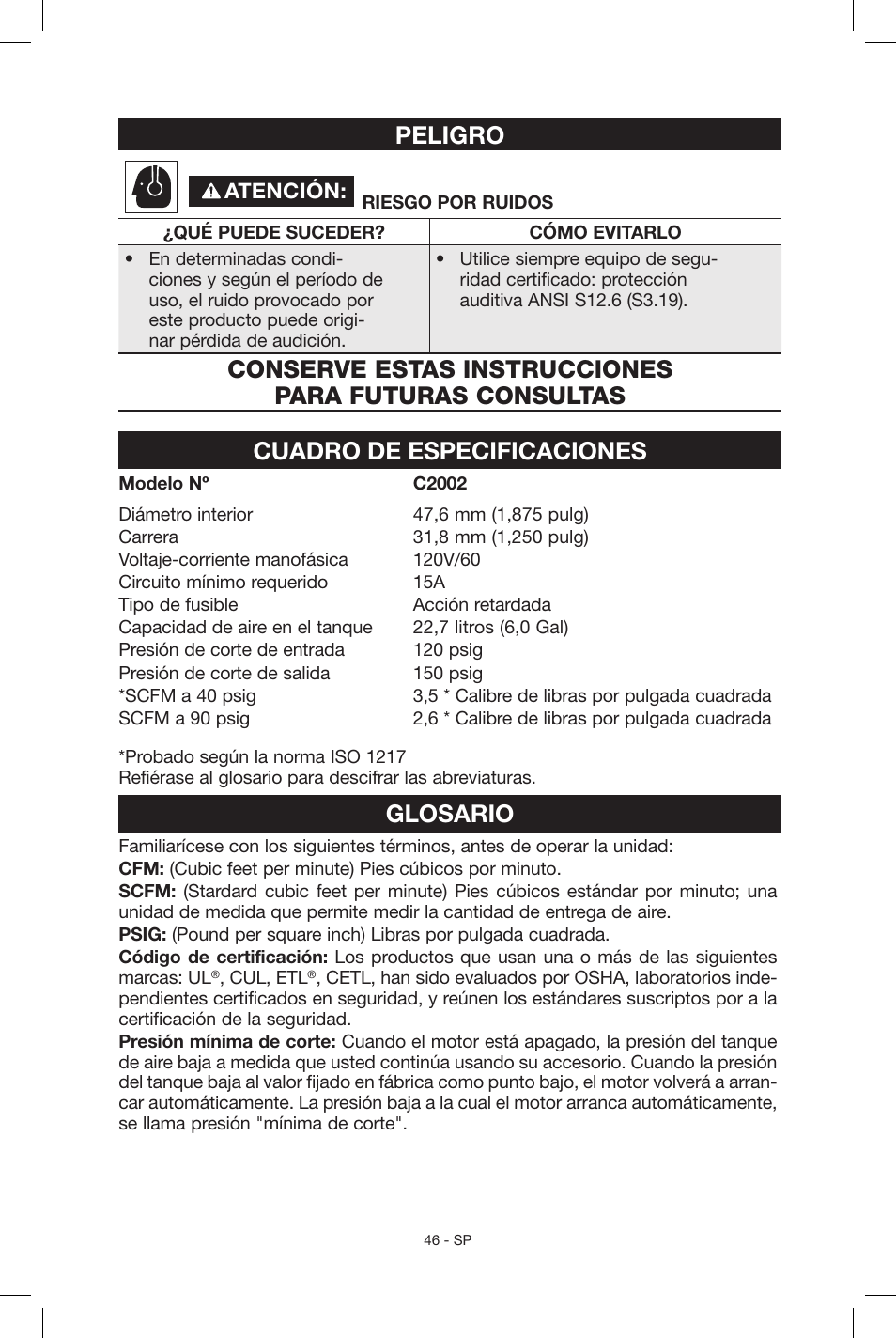 Peligro, Cuadro de especificaciones, Glosario | Porter-Cable N039112 User Manual | Page 46 / 64