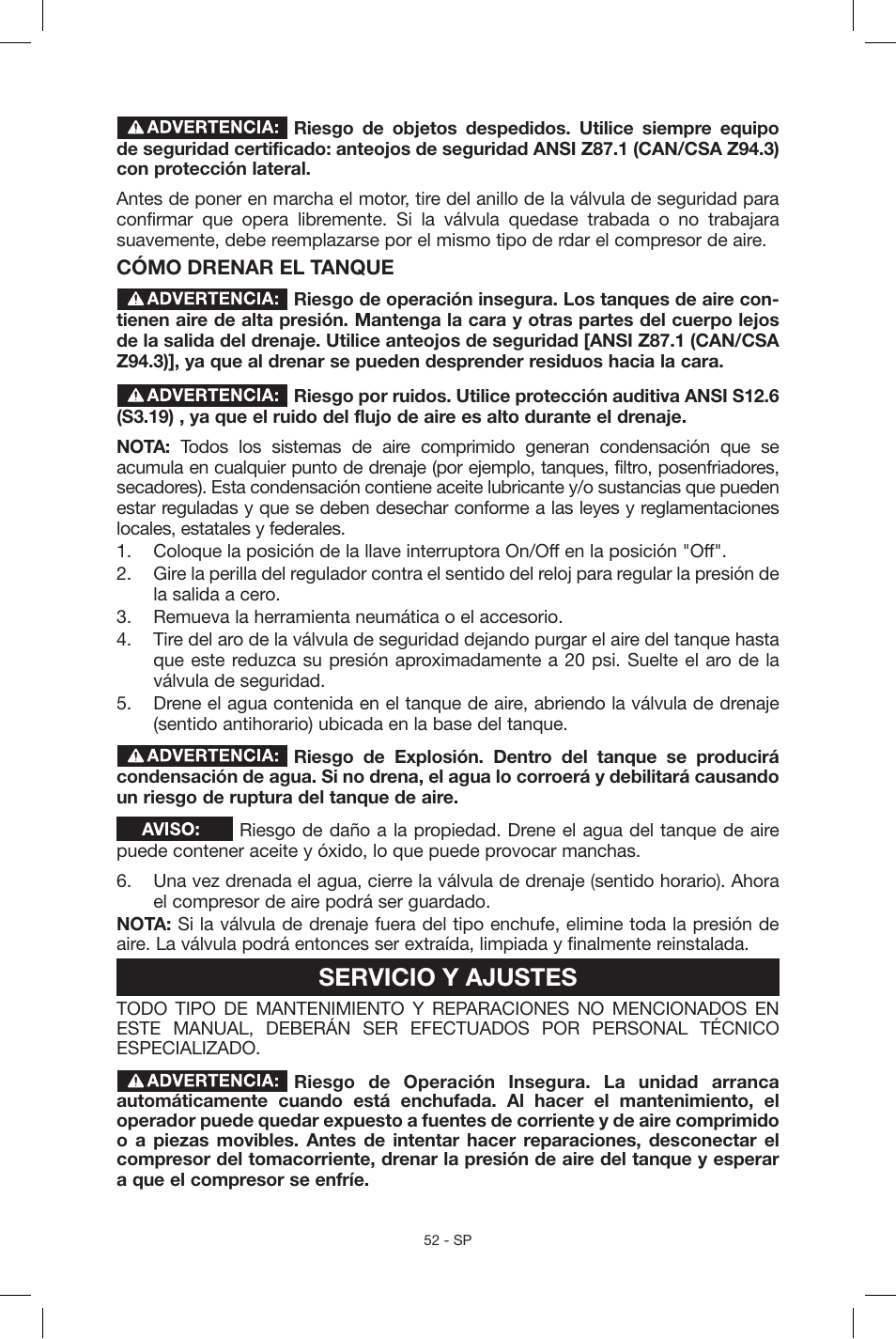 Servicio y ajustes | Porter-Cable N039112 User Manual | Page 52 / 64