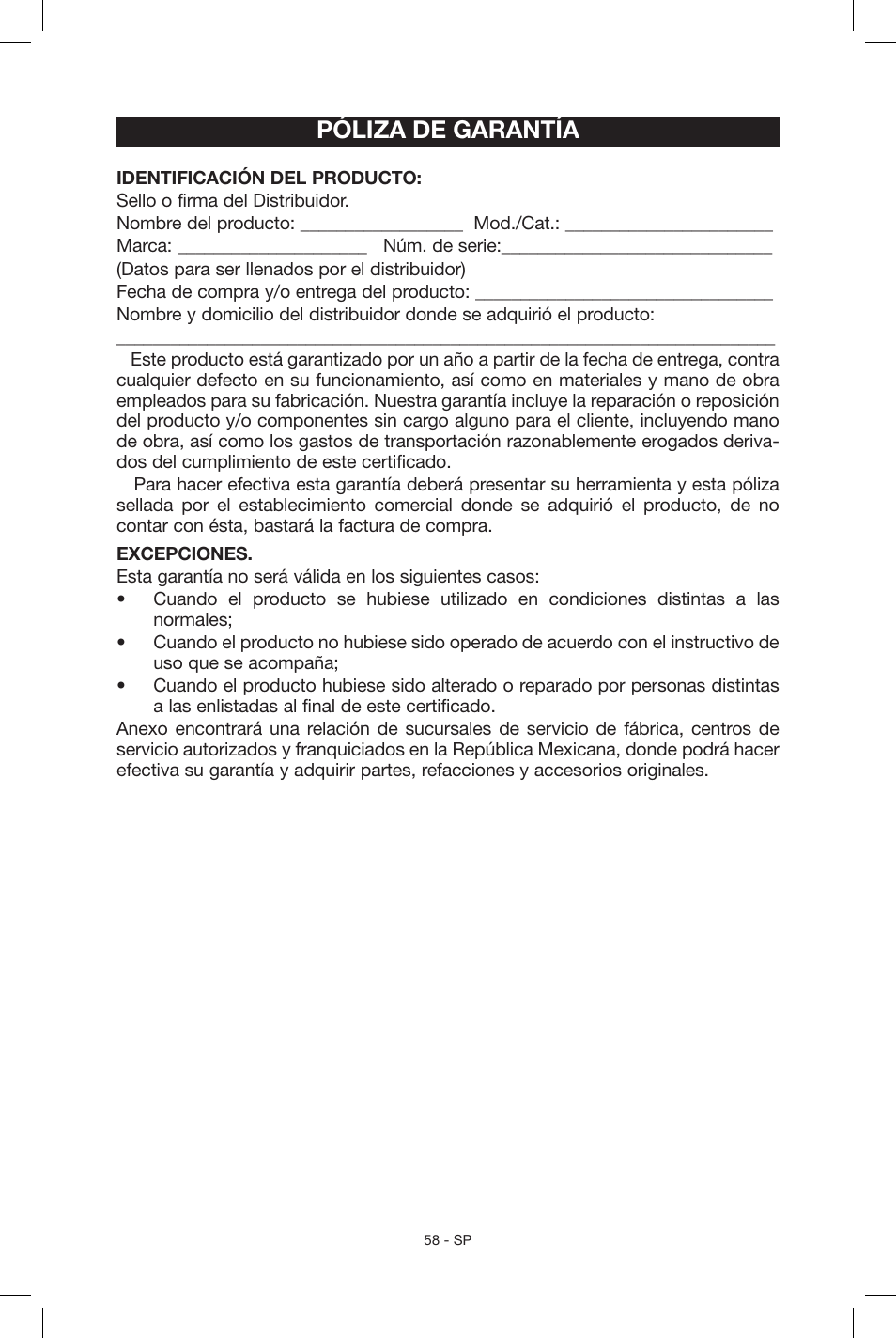 Póliza de garantía | Porter-Cable N039112 User Manual | Page 58 / 64