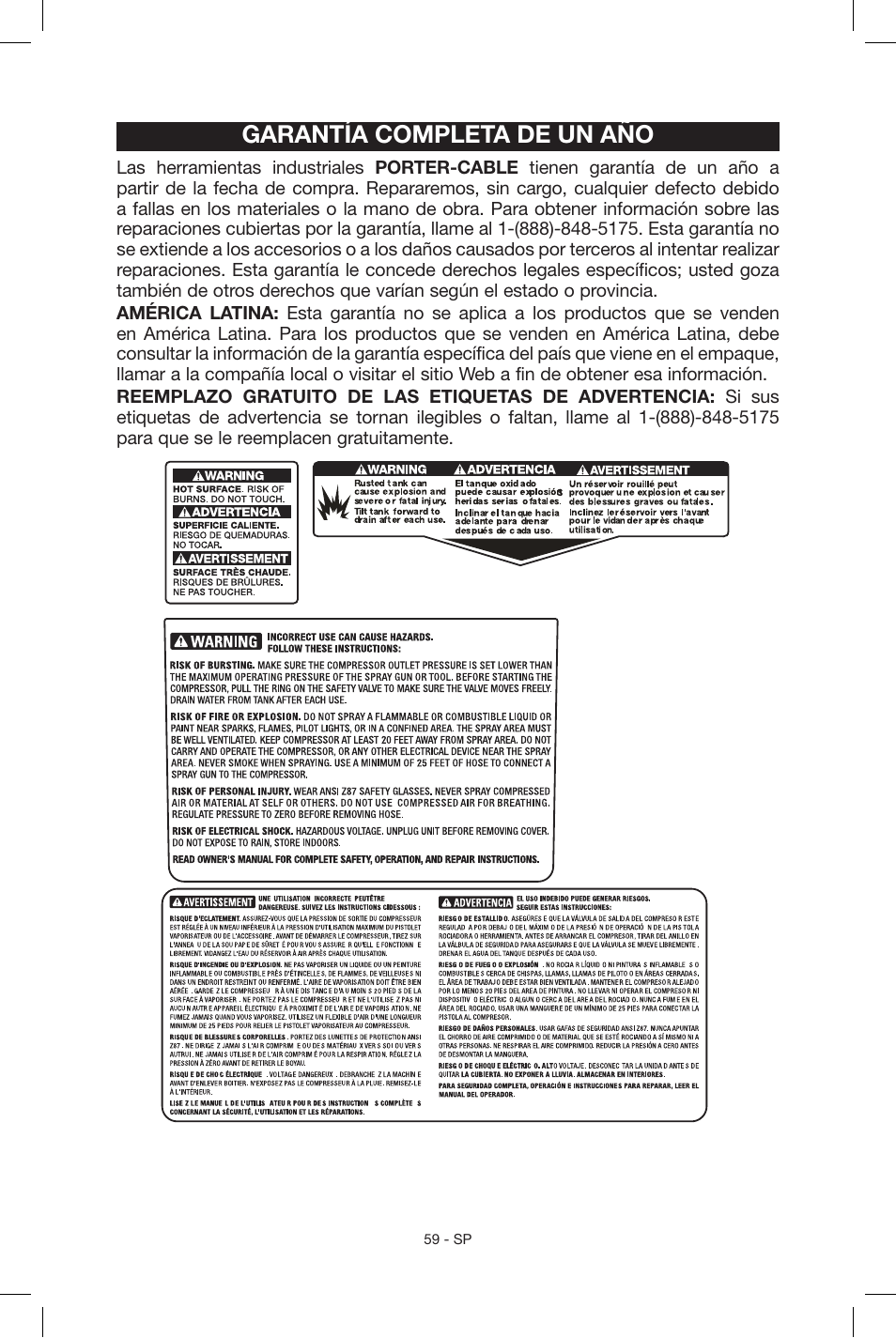 Garantía completa de un año | Porter-Cable N039112 User Manual | Page 59 / 64