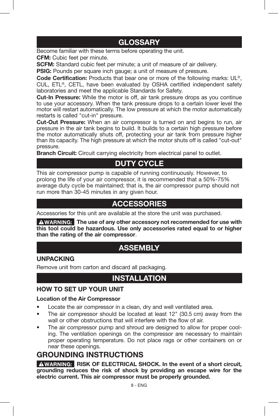 Glossary, Duty cycle, Accessories | Assembly, Installation, Grounding instructions | Porter-Cable N039112 User Manual | Page 8 / 64