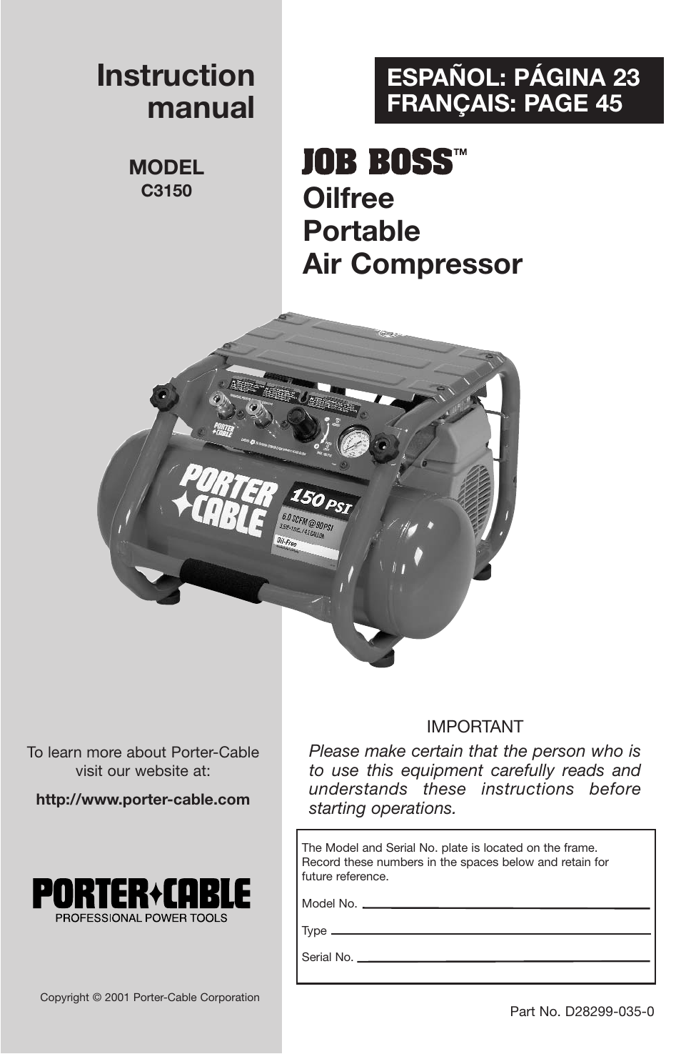 Porter-Cable JOB BOSS C3150 User Manual | 22 pages