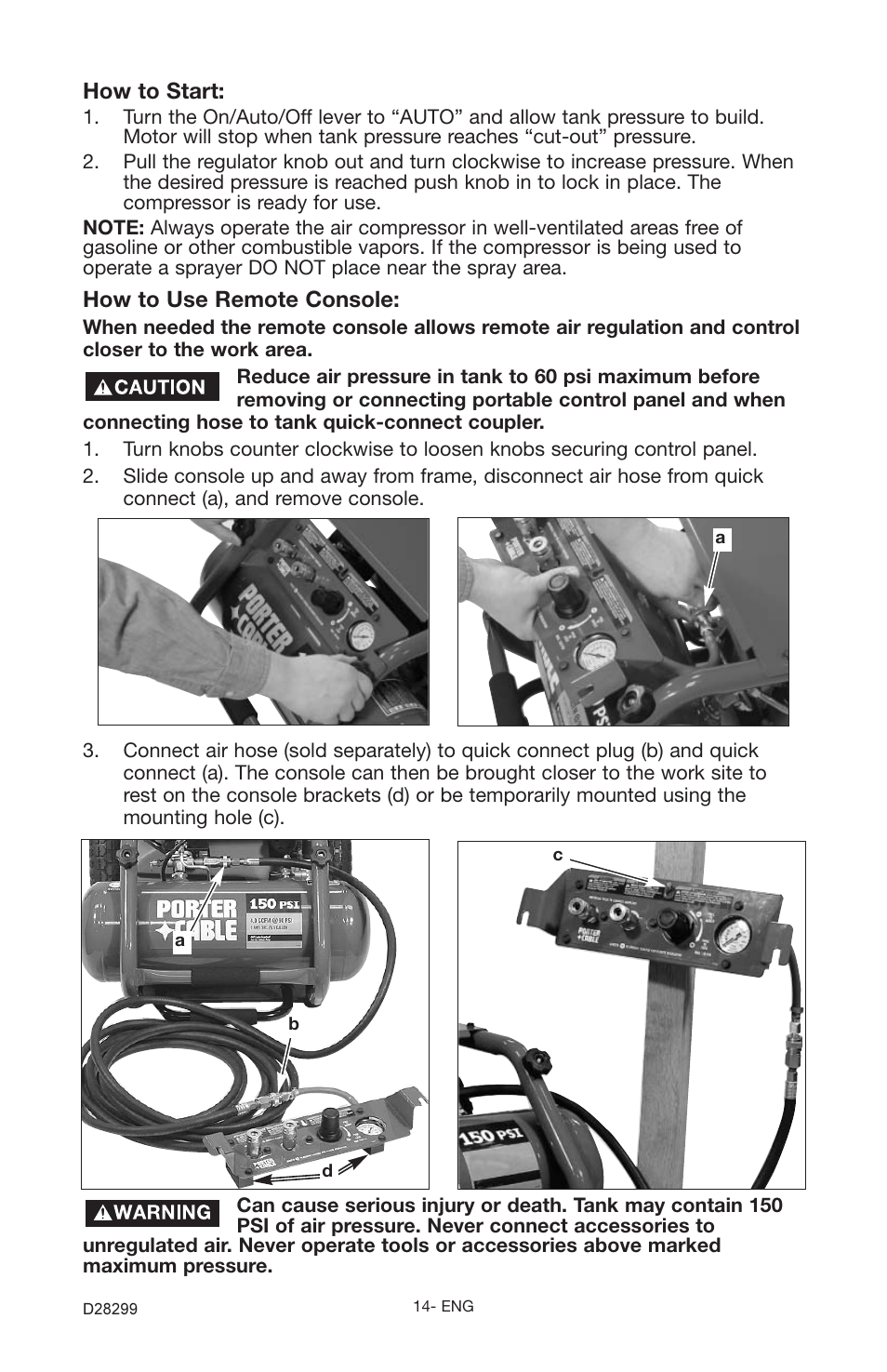 How to start, How to use remote console | Porter-Cable JOB BOSS C3150 User Manual | Page 14 / 22