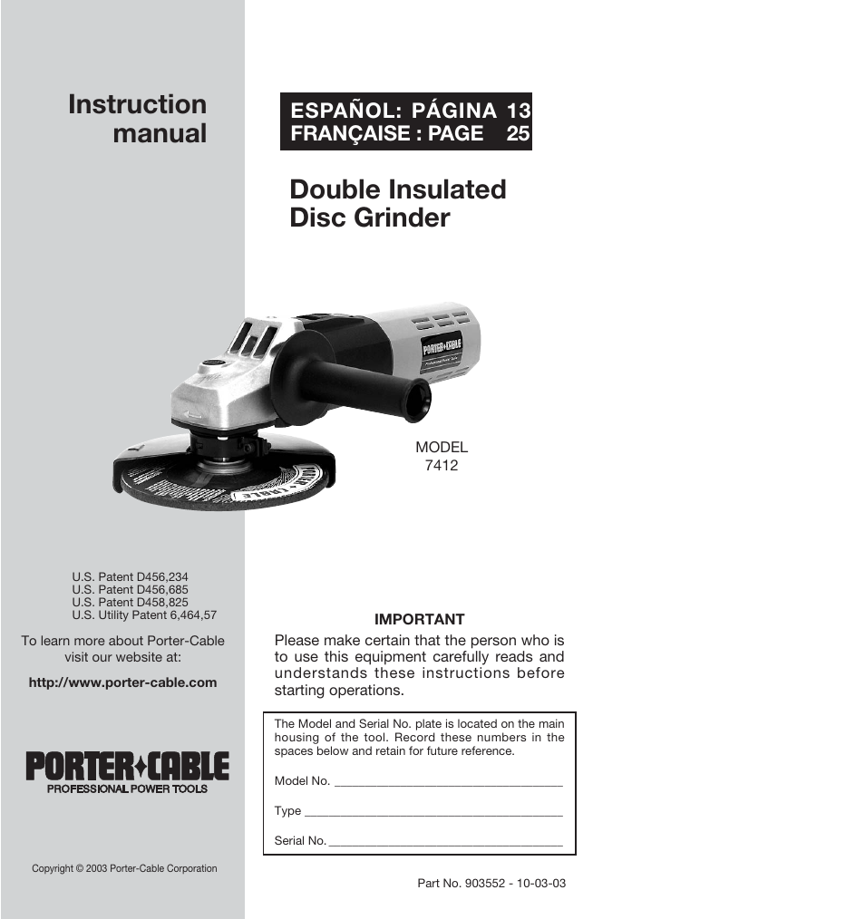 Porter-Cable 7412 User Manual | 13 pages